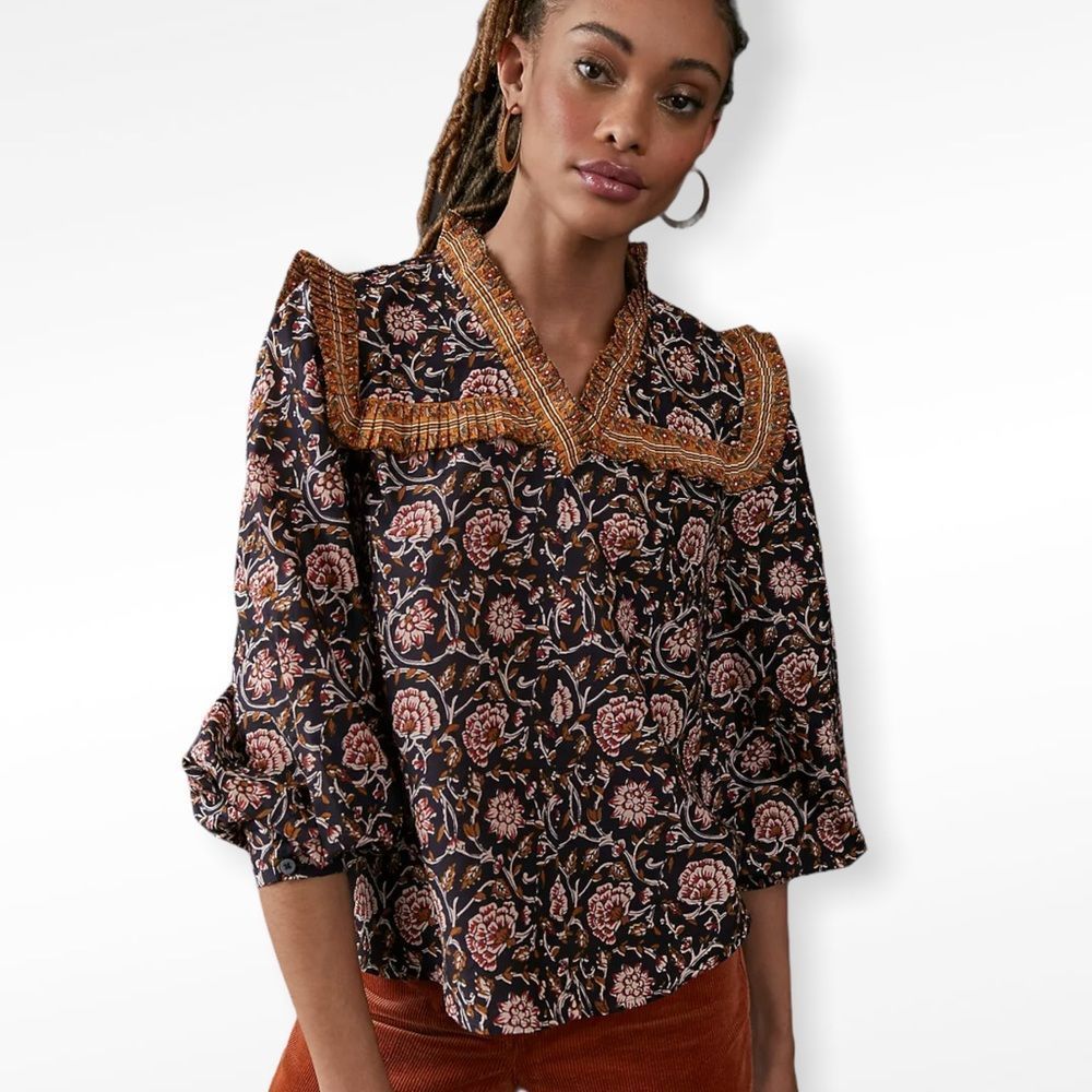 Anthropologie Othilia Black Golden Floral Ruffle Boho Oversized Blouse NWT